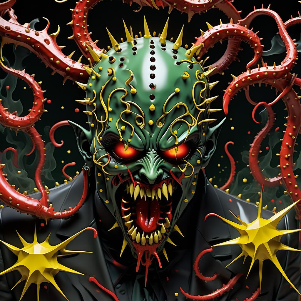  stacked papercut art of the demon ghoul (hellraiser) entangled with tentacles and protruding pins bared the mouths and pours red mucus on the clawed paws. yellow smoke green rings spikes white fire stars and sparks anime horror black drops thorns . 3d, layered, dimensional, depth, precision cut, stacked layers, papercut, high contrast