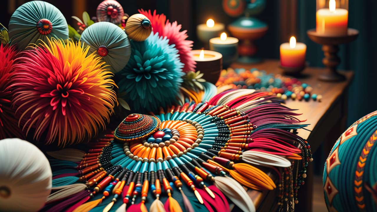  a vibrant table showcasing diverse beadwork techniques: intricate native american patterns alongside colorful african and european designs, surrounded by natural materials like feathers and shells, highlighting global influences and cultural exchange in beadwork artistry. hyperrealistic, full body, detailed clothing, highly detailed, cinematic lighting, stunningly beautiful, intricate, sharp focus, f/1. 8, 85mm, (centered image composition), (professionally color graded), ((bright soft diffused light)), volumetric fog, trending on instagram, trending on tumblr, HDR 4K, 8K