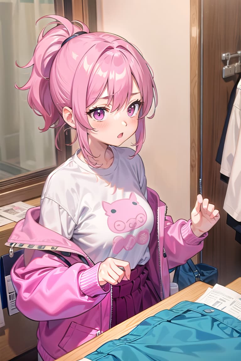  r 18, , middle , ,, pink haired ,ponytail,large eyes,A woman, interrupted while changing clothes in her bedroom,She wears oink , her shirt discarded beside her.