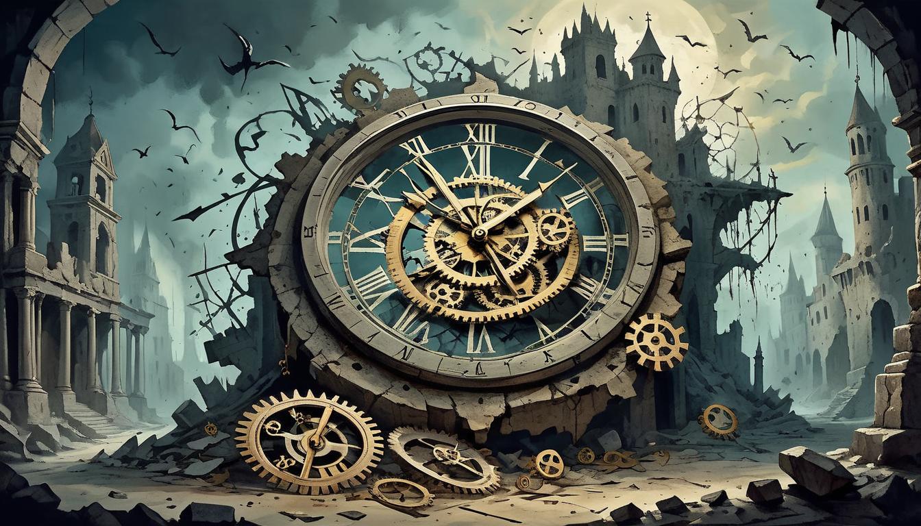  on parchment, surrealism+++, a shattered clock with broken gears, timepieces scattered, shadowy figures tangled in the ruins, mood of entrapment and defeat(mysterious, provocative, symbolic,muted color)+++