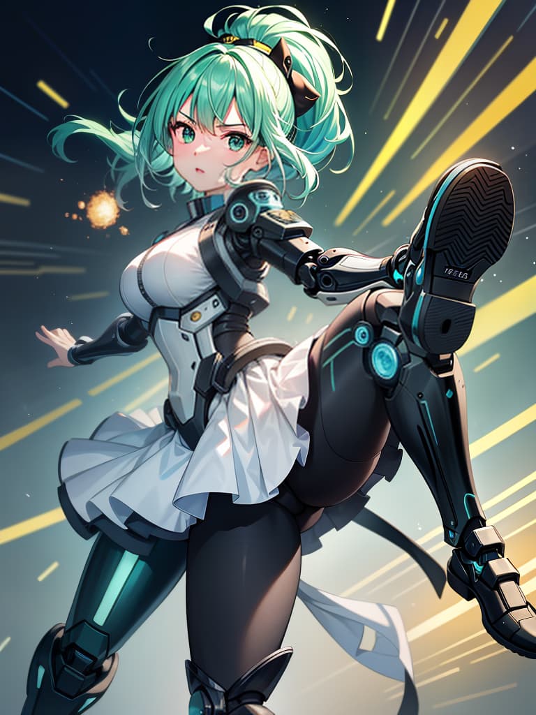  masterpiece,insanely detailed face,solo,girl,intelligence,genius,serious,cool,clear face,aqua hair,hair up,sidelocks,ring hair,humanoid,((mechanical joint)),((exoskeleton)),((mechanical legs)),green colored armor,pose,((kicking,high kick)),((incoming kick)),(standing on one leg),((outstretched foot,close up sole,blurr sole)), looking at viewer,((sense of movement,speed line,motion blurr,blurr fore ground)),