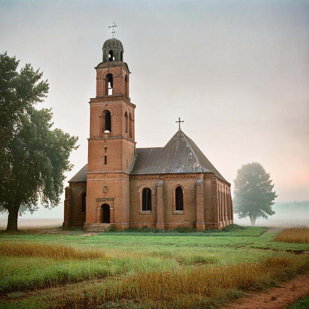  analog film photo the ancient ruins of an eclectic christian church with a red brick bell tower, standing in a field, surrounded by fog, crows flying in the sky, twilight . faded film, desaturated, 35mm photo, grainy, vignette, vintage, kodachrome, lomography, stained, highly detailed, found footage, film photography style