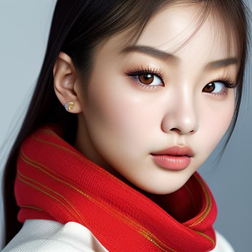  (--Style Photoralism, Jennie Kim) a close up of a woman with a red scarf on, blackpink jennie, popular south korean makeup, portrait of female korean idol, popular korean makeup, beautiful south korean woman, harpers bazaar, harper's bazaar, beautiful oriental woman, korean face features, dior campaign, korean audrey hepburn, vogue journal cover, inspired by Zhang Shuqi, detailed face of a asian girl