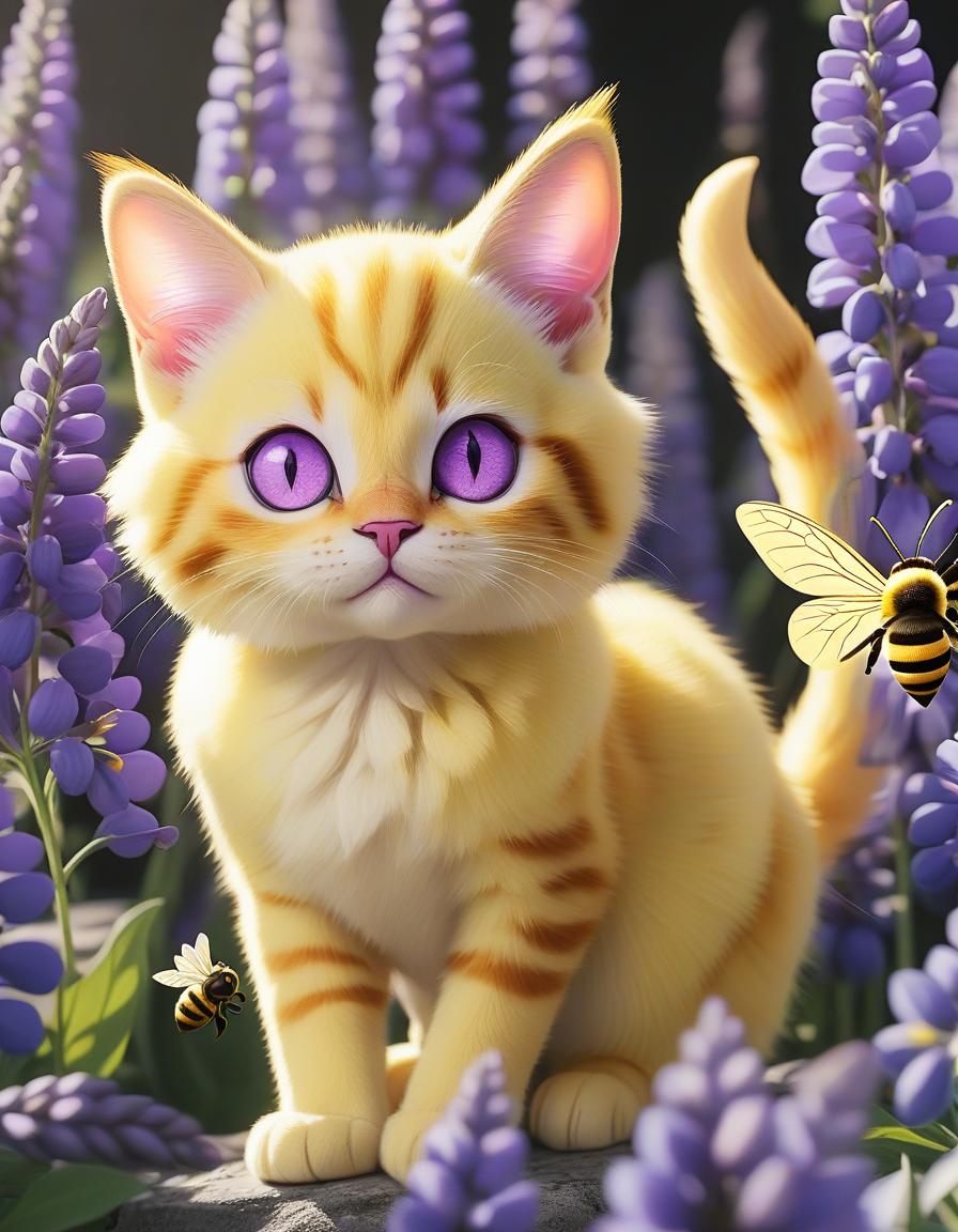  draw a yellow cat with purple eyes in a bee with wings, which is among the purple flowers of lupin, sticker