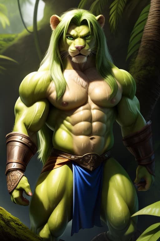  Cat Fursona, Male, Huge Muscles, Abs, Lime green fur, Lime Green disheveled long hair, Bright green eyes, Loin cloth, Wrist gauntlets, sweaty, dirty, Jungle, Angry stare., open eyes, masterpiece, 4k, fine details,