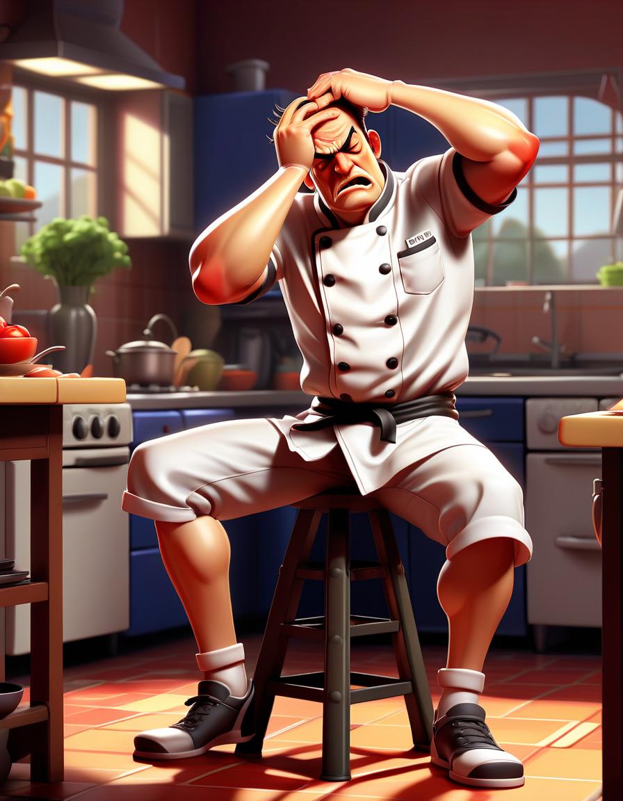  fighting game style a tired chef sits down on a stool, wiping sweat from their forehead after a long day, with a cleaned kitchen in the background. . dynamic, vibrant, action packed, detailed character design, reminiscent of fighting video games