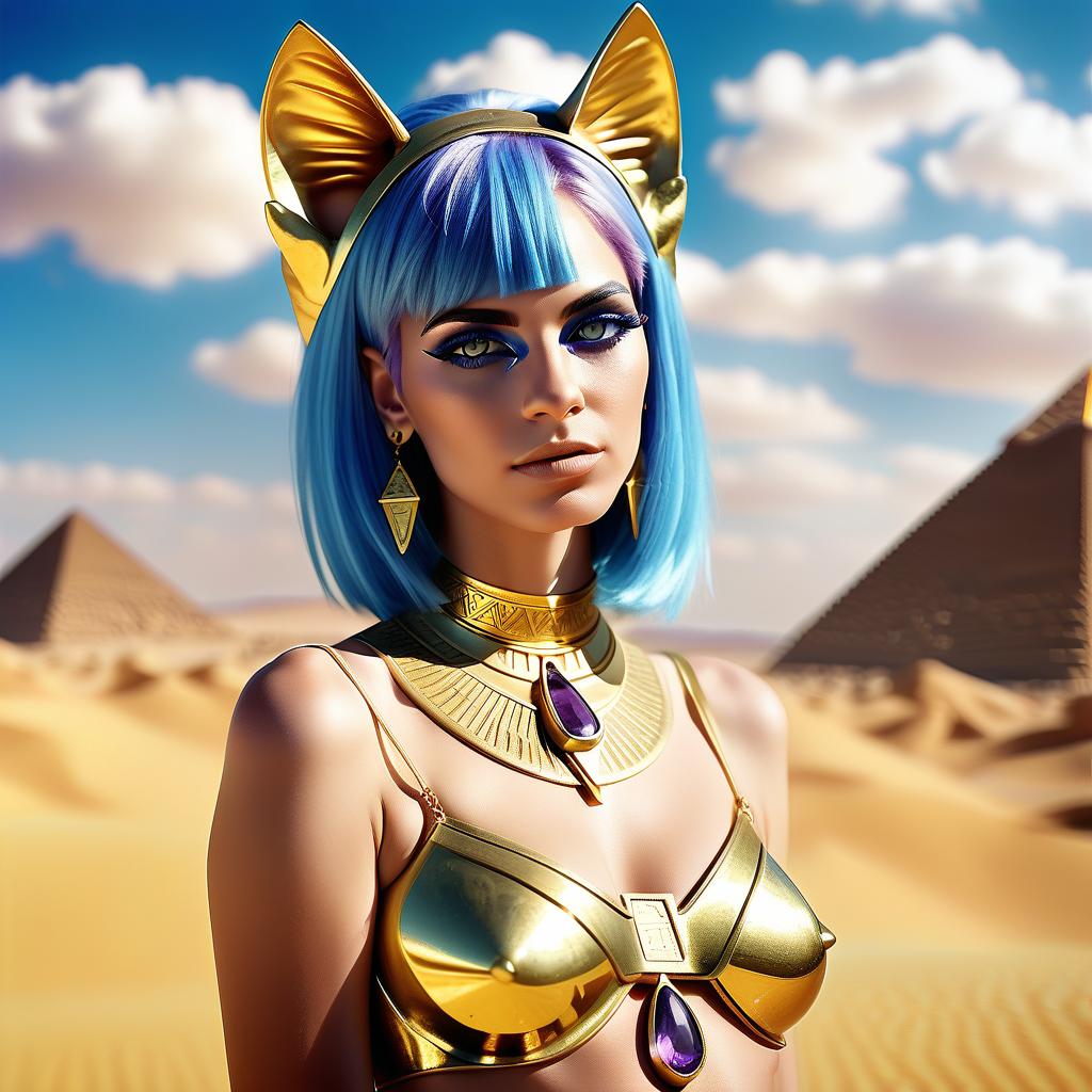  cinematic photo egyptian . madam. with blue hair. you should. gold rim decoration with golden cat ears. large amethyst in seridine jewelry. azure shiny eyes of the aimed at me. two gold celets on shoulders and hands. s. in the desert. bright blue sky. white clouds. maximum quality. body. . 35mm photograph, film, bokeh, professional, 4k, highly detailed