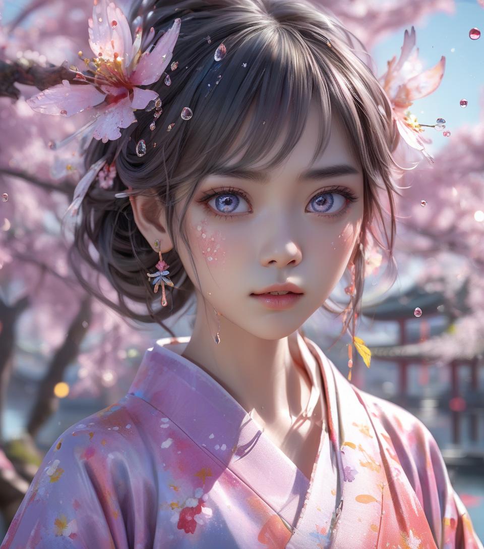  shukezouma, octane rendering, hdr, hyperdetailed, soft light, sharpness, a beautiful korean girl, ultra detailed eyes, eye shadow, opal drops, paint tears, woman made up from paint, paint, splat, splash, hair long colorful, kimono made from paint, ultra detailed texture kimono, opalescent paint kimono, paint bulb, water drops, hair ornaments, earrings, flower hair ornaments, dragonfly hair ornaments, outdoor, sakura trees, vivid colors, 8k, uhd, hdr, masterpiece, absurd, best quality,