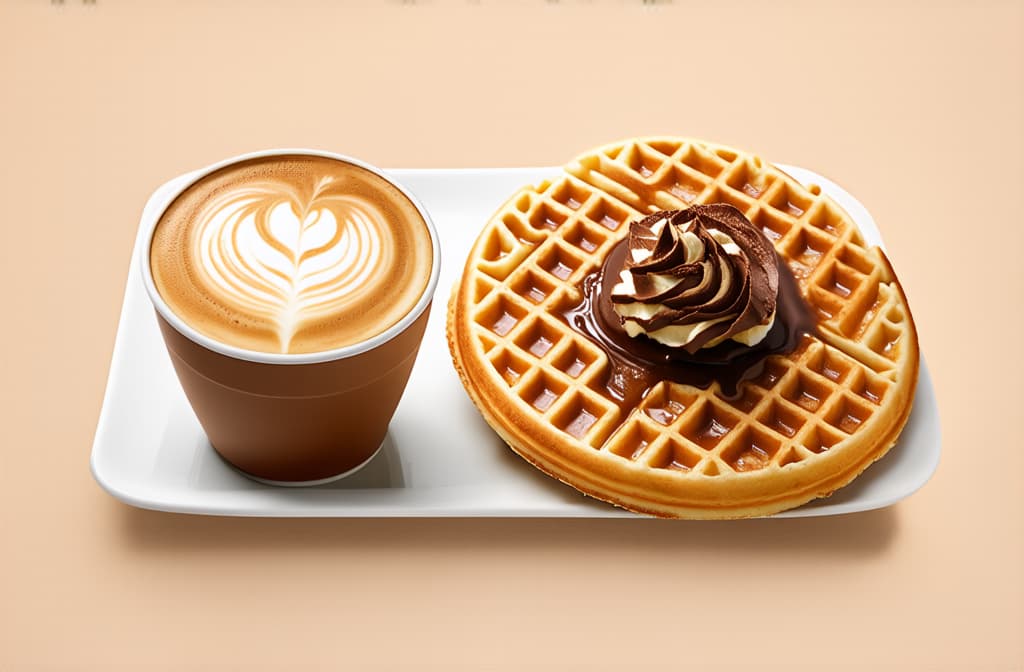  professional detailed photography, the latte coffee cup icon is for a cafe. the cappuccino drinks is for a cafe. the caramel macchiato is for a takeaway. the waffle topped with a chocolate drink can be used for bakery or restaurant ar 3:2, (muted colors, dim colors, soothing tones), (vsco:0.3)