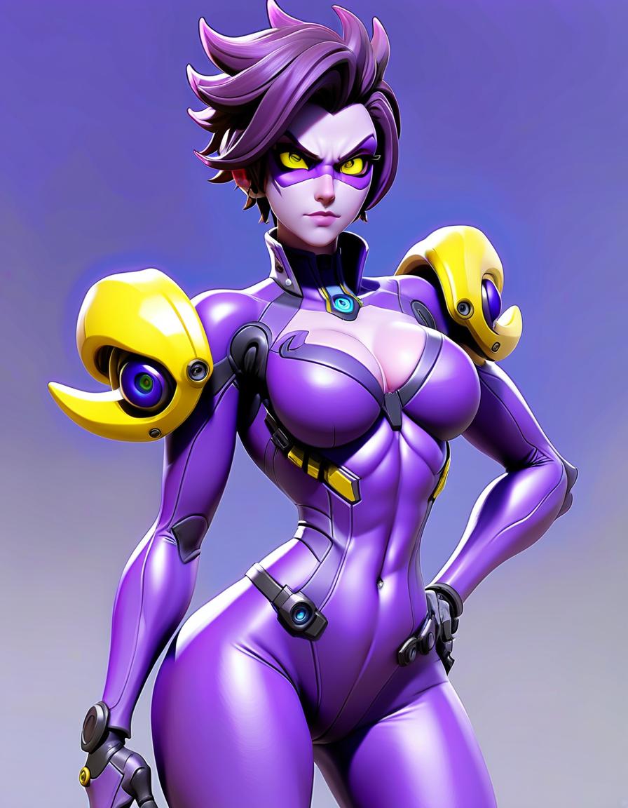  widownaker from overwatch, purple skin, latex suit, yello eyes