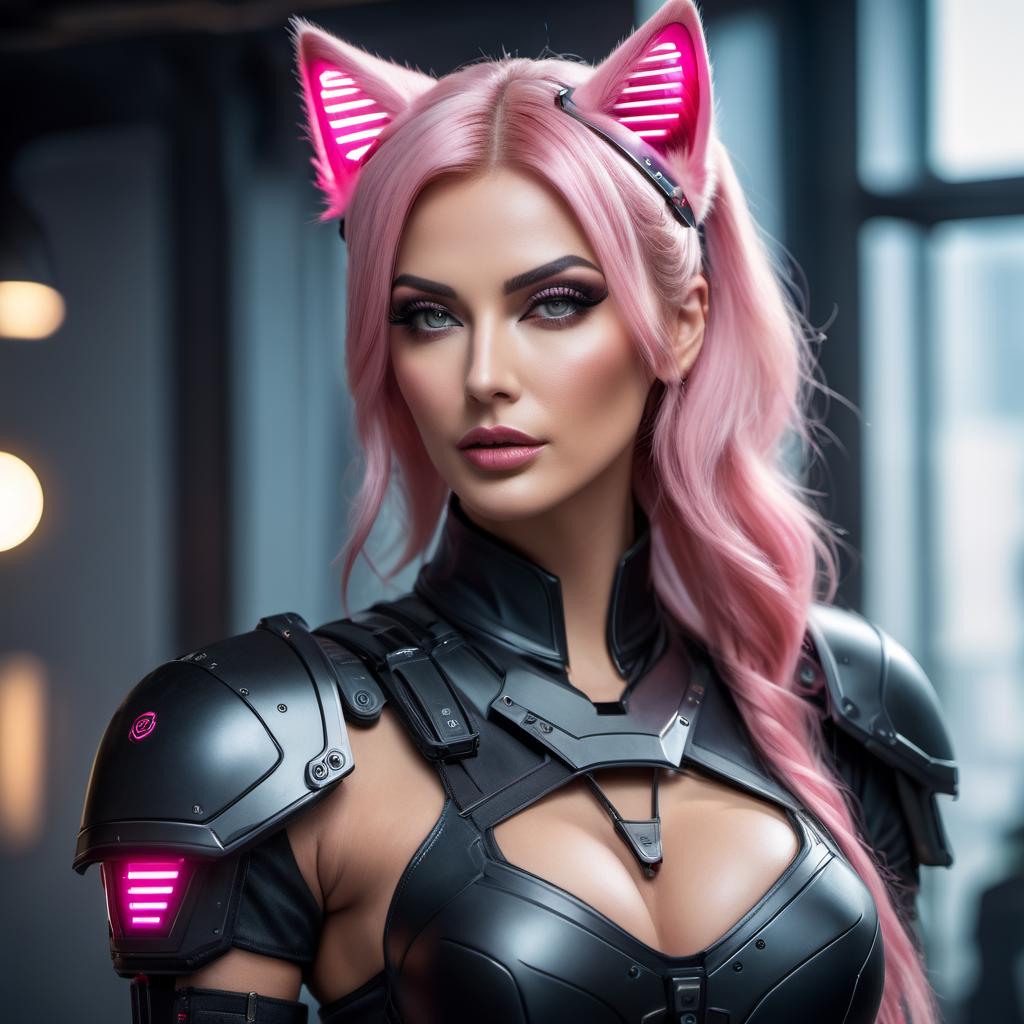   hdr photo of cyberpunk woman with pink details in black armor and cat ears. . high dynamic range, vivid, rich details, clear shadows and highlights, realistic, intense, enhanced contrast, highly detailed, oil painting hyperrealistic, full body, detailed clothing, highly detailed, cinematic lighting, stunningly beautiful, intricate, sharp focus, f/1. 8, 85mm, (centered image composition), (professionally color graded), ((bright soft diffused light)), volumetric fog, trending on instagram, trending on tumblr, hdr 4k, 8k hyperrealistic, full body, detailed clothing, highly detailed, cinematic lighting, stunningly beautiful, intricate, sharp focus, f/1. 8, 85mm, (centered image composition), (professionally color graded), ((bright soft diffused light)), volumetric fog, trending on instagram, trending on tumblr, HDR 4K, 8K