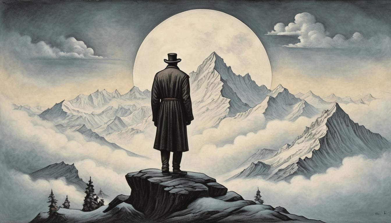  on parchment, surrealism++, snow capped mountain peak, figure standing at the summit, above the clouds, clear sky, sense of achievement(mysterious, provocative, symbolic)++