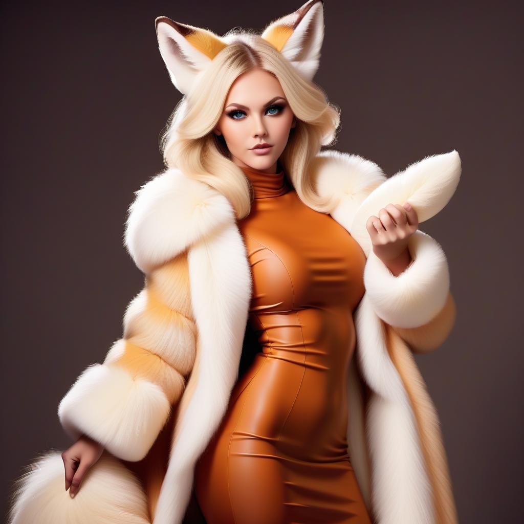  low stature, , blonde goddess fox, very huge , very huge , big fluffy ears, and a giant fluffy tail, haircut kare, and fluffy fur on the , dressed in a large long furry fur coat