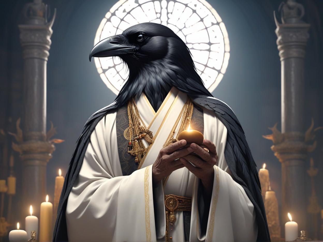  a holy crow man wearing a robe holding a holy libram while standing at an altar, high quality, high details, hd, perfect composition, 4k epic detailed, highly detailed, sharp focus, high resolution