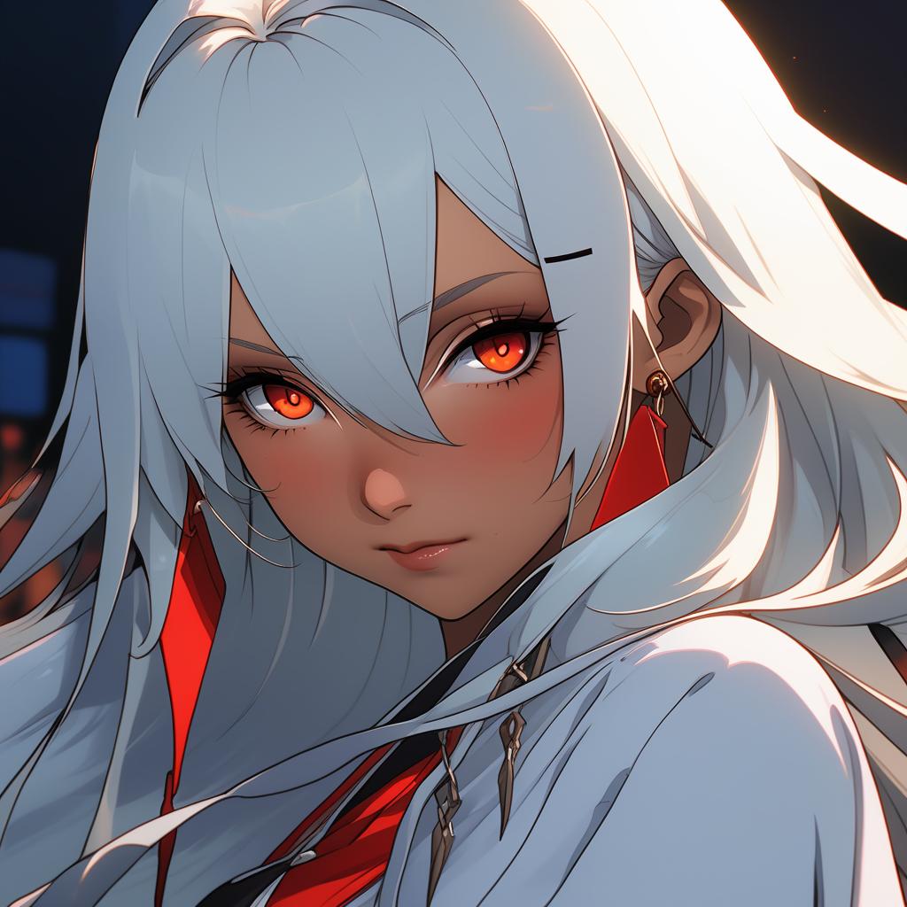  nijiex style,illustration of anime style, white haired white female with red eyes. gold cross on her forehead