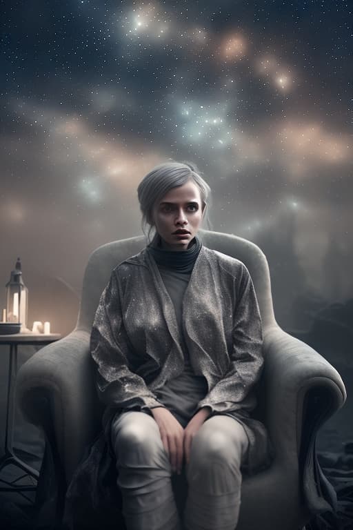  light clothing, background star space, slate atmosphere, cinematic, dimmed colors, dark shot, muted colors, film grainy, lut, spooky