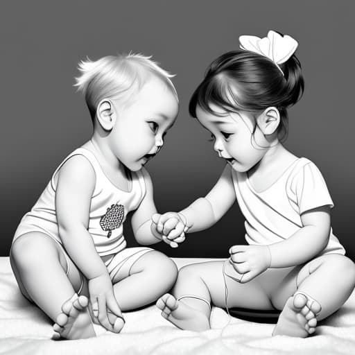  Drawing black and white outline picture of cute baby boy and baby girl are playing toy.