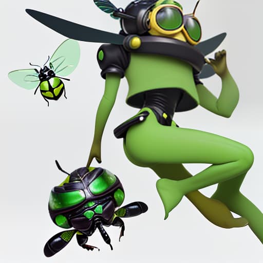  cute cartoon insect beetle character with a green body, big expressive eyes and a smile on his lips. on his head he has a huge brown helmet with goggles, giving him an adventurous look. the insect beetle stands confidently holding a blaster, he has graceful wings and long tendrils. the background is simple and bright inside the starship to emphasize the charm of the funny character with the weapon.