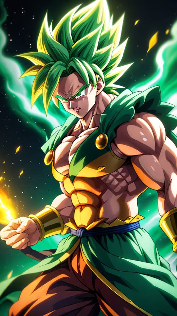  broly from dragon ball z transforming into super saiyan, emerald green eyes, golden hair, energy aura, anime art hyperrealistic, full body, detailed clothing, highly detailed, cinematic lighting, stunningly beautiful, intricate, sharp focus, f/1. 8, 85mm, (centered image composition), (professionally color graded), ((bright soft diffused light)), volumetric fog, trending on instagram, trending on tumblr, HDR 4K, 8K