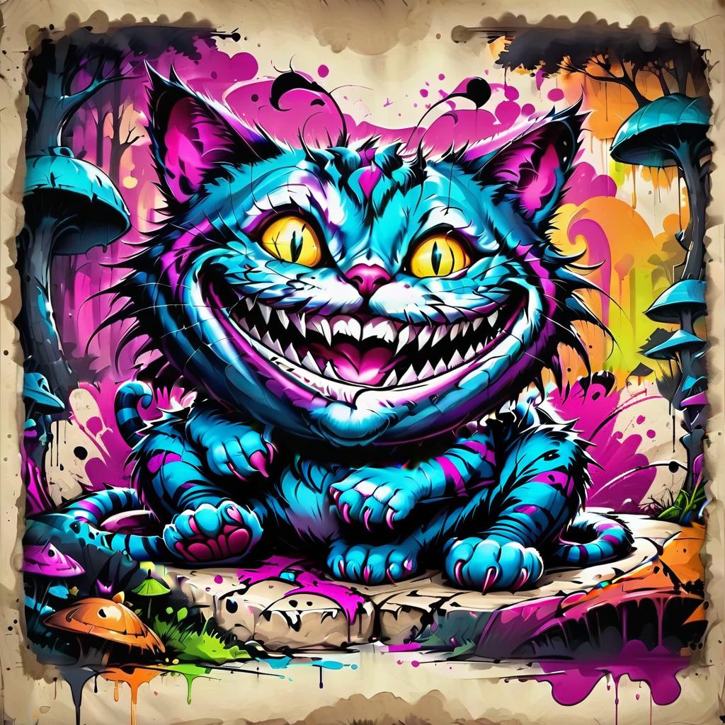  graffiti style cheshire cat lies, shows paws . street art, vibrant, urban, detailed, tag, mural, t shirt design, on parchment