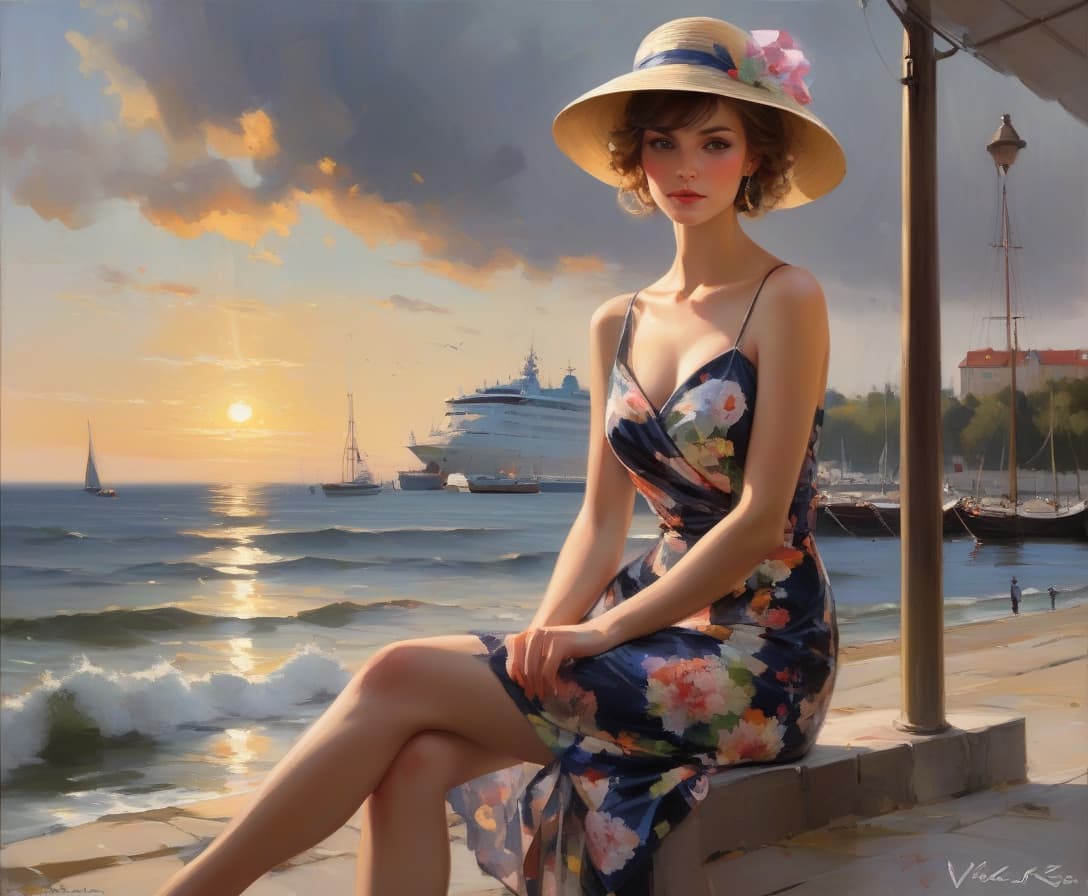  hyperrealistic art landscapes sunset by konstantin razumov and mikhail garmash and volegov, modern woman embankment by the sea, embankment by the sea, street cafe, a girl in a beautiful bright summer dress sits with her back to us, very short haircut, a beautiful beach hat with large sides on her head, a cocktail on the table,, the sea in the distance, photo realism, full length seascape painting depicting a dark night scene on a stormy sea by volegov:40 konstantin razumov :40 mikhail garmash:20 styles of by thomas moran and claude monet peter wileman, keith negley, and martin ansin, seascapes, sea, sunrise, mikhail garmash, louis jover, victor cheleg, damien hirst, claude joseph vernet,blending styles of peter wileman, keith negley, and 