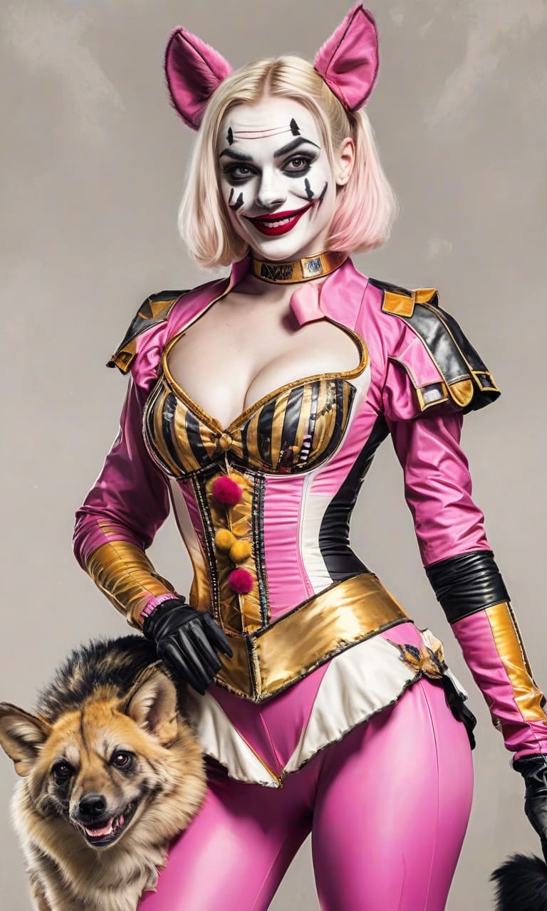  concept art pink, gold, black, white circus margot robbins to the waist in the image of harley quinn costume clown two hyena . digital artwork, illustrative, painterly, matte painting, highly detailed, perfect hands