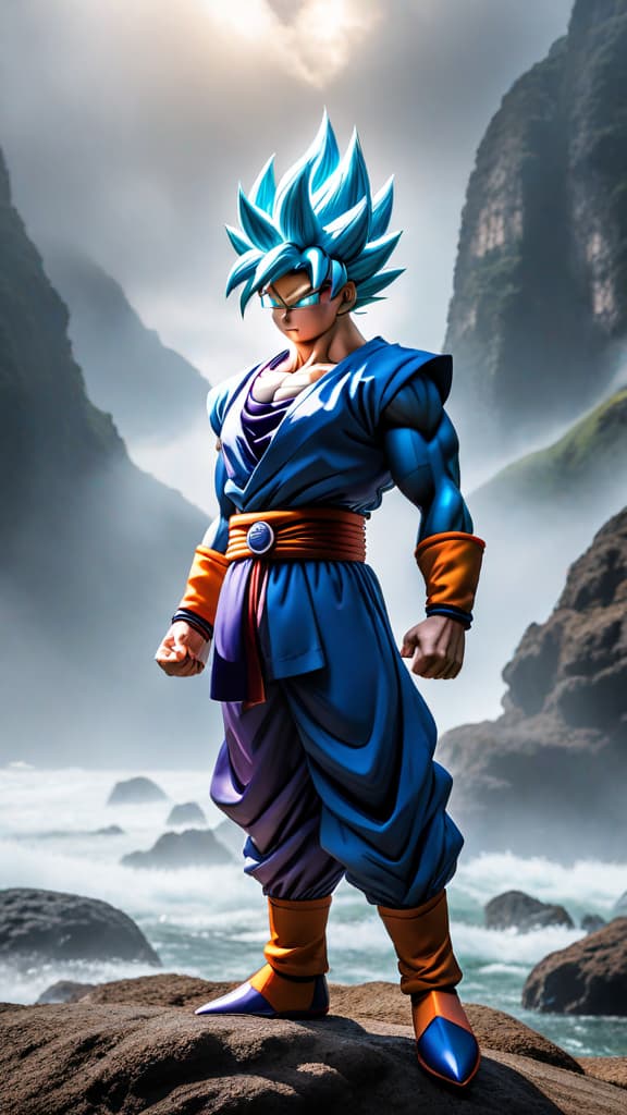  anime art: goku on namek, mastering namekian techniques, faces frieza's forces, unlocking super saiyan potential sooner. hyperrealistic, full body, detailed clothing, highly detailed, cinematic lighting, stunningly beautiful, intricate, sharp focus, f/1. 8, 85mm, (centered image composition), (professionally color graded), ((bright soft diffused light)), volumetric fog, trending on instagram, trending on tumblr, HDR 4K, 8K