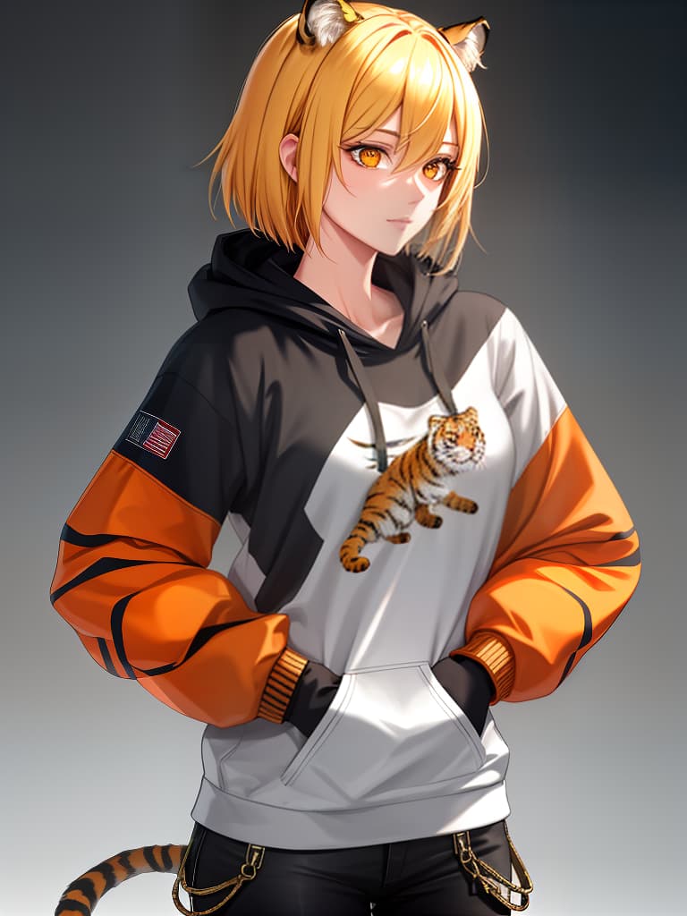  short bob, boyish, hoodie, upper body only, skinny pants, orange eye, women, tiger, blonde, profile, masterpiece, best quality,8k,ultra detailed,high resolution,an extremely delicate and beautiful,hyper detail hyperrealistic, full body, detailed clothing, highly detailed, cinematic lighting, stunningly beautiful, intricate, sharp focus, f/1. 8, 85mm, (centered image composition), (professionally color graded), ((bright soft diffused light)), volumetric fog, trending on instagram, trending on tumblr, HDR 4K, 8K