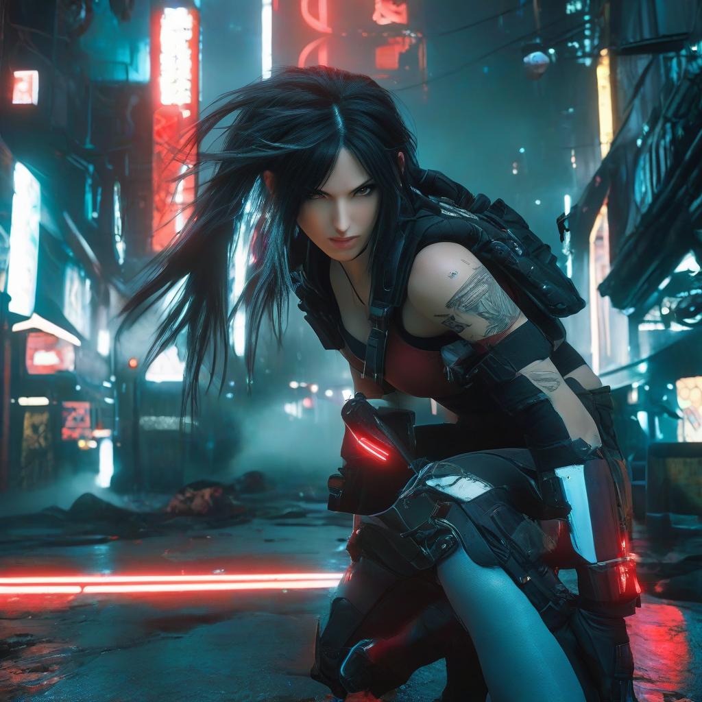  cyberpunk cityscape a close up of a woman with a red top and black hair, tifa lockhart portrait, tifa lockhart portrait, tifa lockhart, tifa, tifa lockheart, portrait of tifa lockhart, glamorous tifa lockheart, tifa lockhart with white hair, photorealistic anime render, 3 d anime realistic, realistic anime 3 d style . neon lights, dark alleys, skyscrs, futuristic, vint colors, high contrast, highly detailed, film photography style hyperrealistic, full body, detailed clothing, highly detailed, cinematic lighting, stunningly beautiful, intricate, sharp focus, f/1. 8, 85mm, (centered image composition), (professionally color graded), ((bright soft diffused light)), volumetric fog, trending on instagram, trending on tumblr, HDR 4K, 8K