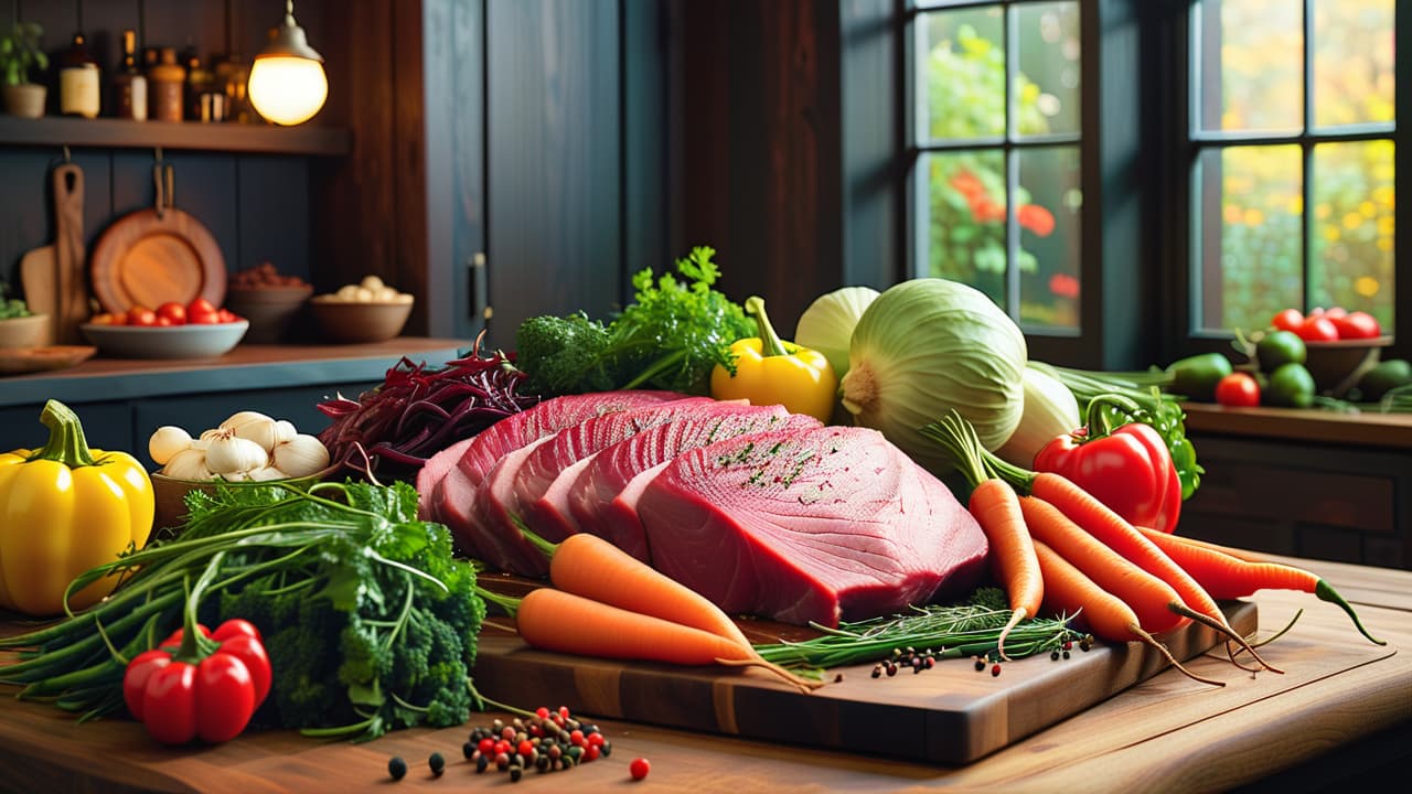  a vibrant kitchen scene featuring an array of fresh, raw meats displayed on a wooden cutting board, surrounded by colorful vegetables, herbs, and spices, with sunlight streaming through a window, casting soft shadows. hyperrealistic, full body, detailed clothing, highly detailed, cinematic lighting, stunningly beautiful, intricate, sharp focus, f/1. 8, 85mm, (centered image composition), (professionally color graded), ((bright soft diffused light)), volumetric fog, trending on instagram, trending on tumblr, HDR 4K, 8K