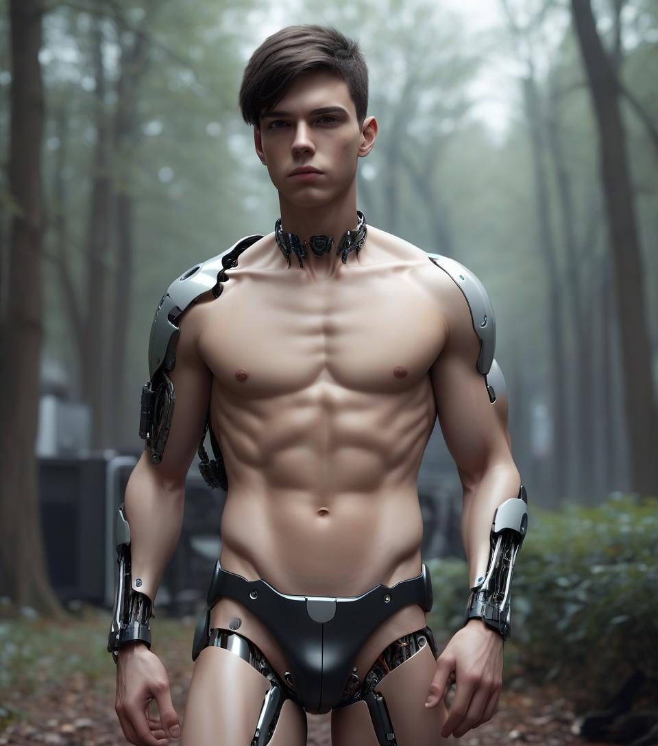  young guy, brunette, cyborg, robotic body parts, style realism, 4k quality