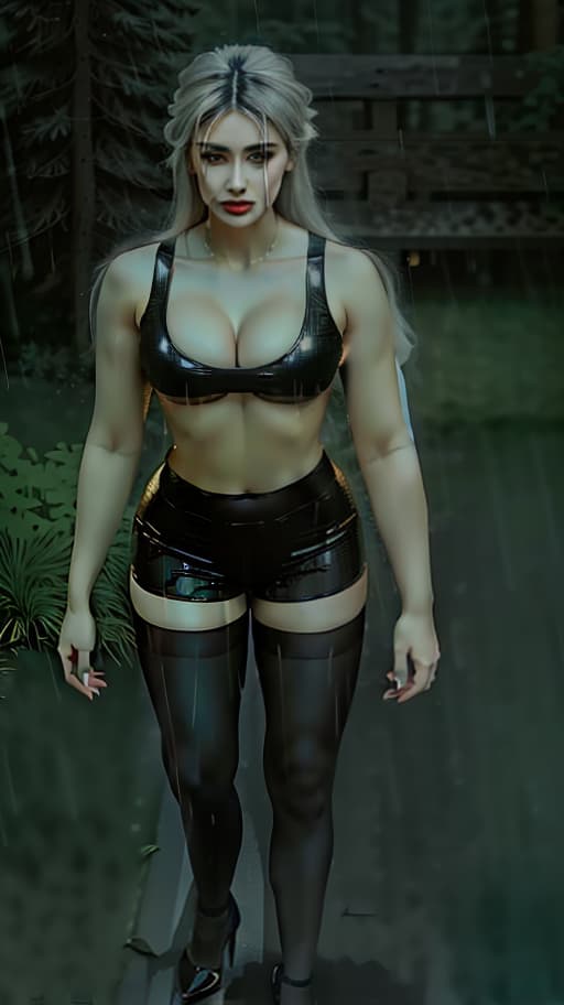  4K, realism, forest background, light rain, beautiful with Slavic features, light horse tail hair, black body hugging mini , black cropped top, black tights, high heels, bare back, bare shoulders, slim waist, wide full hips, big , big , smoky makeup, wide lips, dark lipstick, drawn on face, , realistic face, femininity, (3d render:1.25), realistic, dark, epic, (detailed:1.22), textured hyperrealistic, full body, detailed clothing, highly detailed, cinematic lighting, stunningly beautiful, intricate, sharp focus, f/1. 8, 85mm, (centered image composition), (professionally color graded), ((bright soft diffused light)), volumetric fog, trending on instagram, trending on tumblr, HDR 4K, 8K