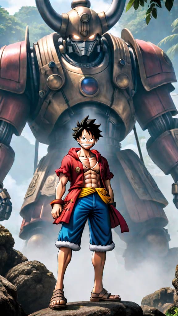  anime art: luffy in gear five awakens a colossal ancient robot with joyboy's potent haki. hyperrealistic, full body, detailed clothing, highly detailed, cinematic lighting, stunningly beautiful, intricate, sharp focus, f/1. 8, 85mm, (centered image composition), (professionally color graded), ((bright soft diffused light)), volumetric fog, trending on instagram, trending on tumblr, HDR 4K, 8K