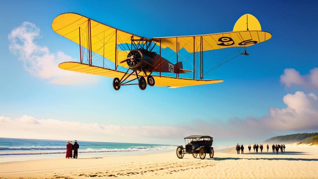  a vintage scene depicting the wright brothers' first flight at kitty hawk, north carolina, with a wooden biplane soaring above a sandy beach, framed by a clear blue sky and spectators in period attire. hyperrealistic, full body, detailed clothing, highly detailed, cinematic lighting, stunningly beautiful, intricate, sharp focus, f/1. 8, 85mm, (centered image composition), (professionally color graded), ((bright soft diffused light)), volumetric fog, trending on instagram, trending on tumblr, HDR 4K, 8K