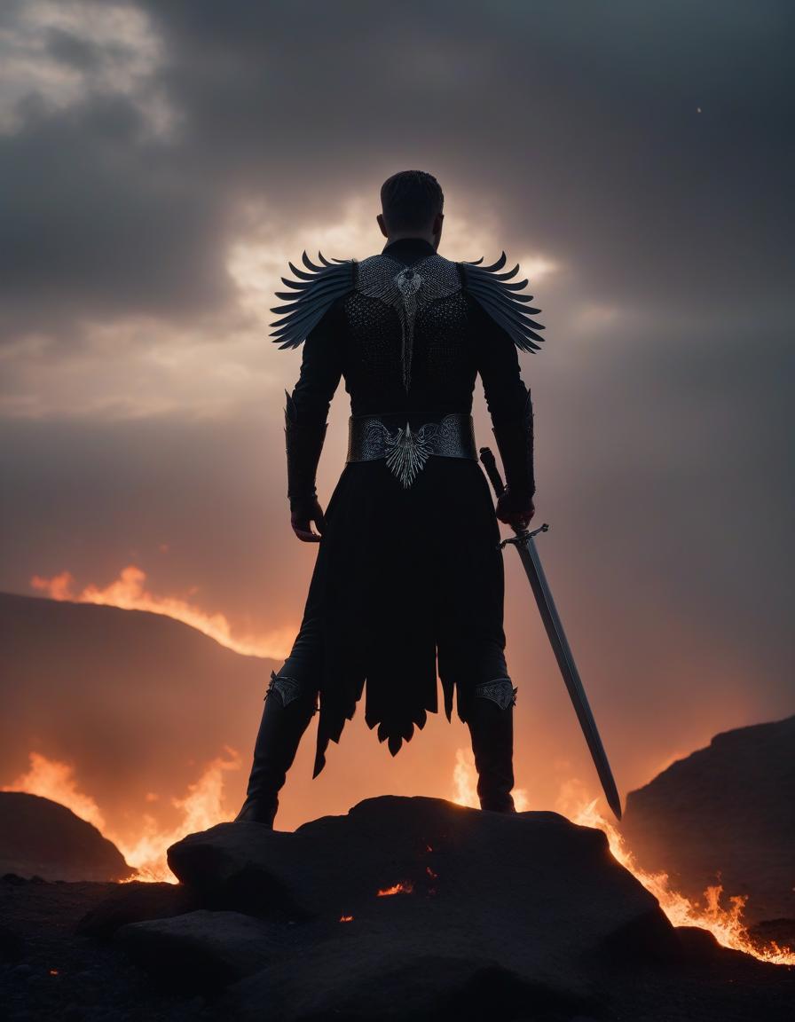  cinematic film still kneeling lucifer, with ragged wings, with white skin, in black armor, in a black crown, with black obsidian eyes, looks up, fiery tears flow from his eyes, stands on a rock in the middle of a gray wasteland, looks into the fiery sky, broken sword. . shallow depth of field, vignette, highly detailed, high budget, bokeh, cinemascope, moody, epic, gorgeous, film grain, grainy