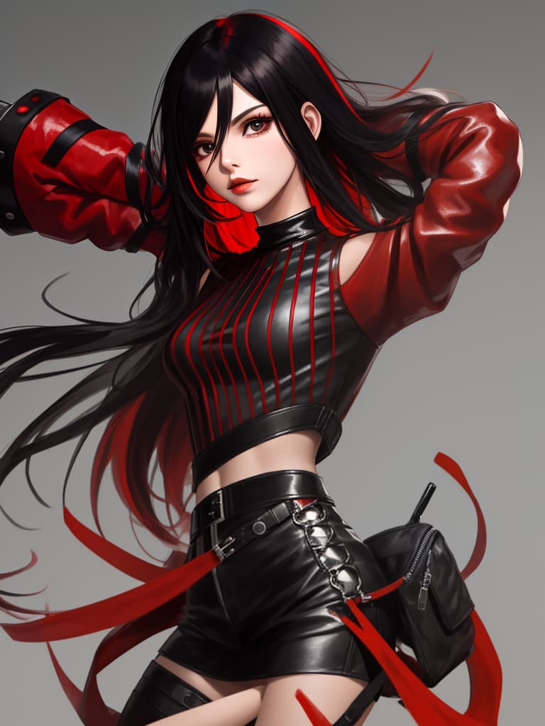  black& red streaked mesh hair,bobbed hair,wearing leather jumper & t shirt,((upper body only: 1.4)),