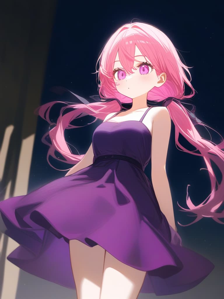  girls, cute, pink hair black inner colors, pink and purple eyes, clothes like dresses, tops, front, loose twin tails