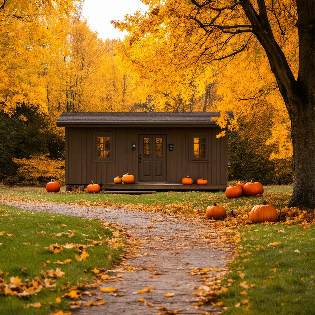  professional detailed photography, create an autumn forest. in the background, slightly blurred yellow and a wooden one story hut with two windows and a door, with a porch. in the foreground, a tree on the right and left with yellow foliage. under the tree lie pumpkins of different sizes. a path leads to the hut. on the ground, green grass and yellow leaves lie on it., (muted colors, dim colors, soothing tones), (vsco:0.3)