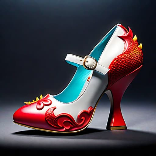  Create a photorealistic digital illustration of a unique playful design women’s shoe with crazy angled balanced parts, unique soles, 8 centimetre height 3D sculpted dragon heel covered in soft, luxurious textured materials. The art style should blend elements of Osamu Tezuka, Vivienne Westwood and Irregular Choice incorporating a Kellogg cereals character theme hyperrealistic, full body, detailed clothing, highly detailed, cinematic lighting, stunningly beautiful, intricate, sharp focus, f/1. 8, 85mm, (centered image composition), (professionally color graded), ((bright soft diffused light)), volumetric fog, trending on instagram, trending on tumblr, HDR 4K, 8K