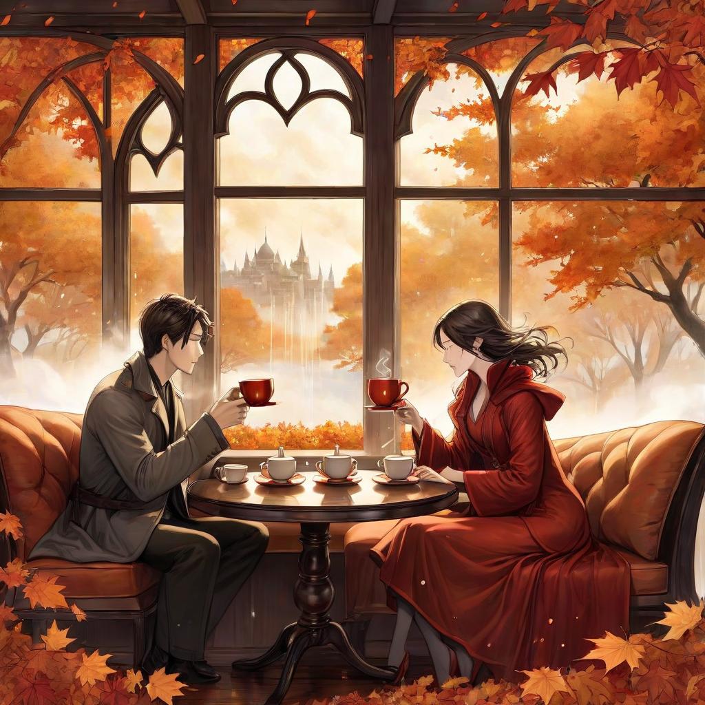  digital illustration, ink and watercolor on parchment, with fine shading of the edges, depicting an two lovers, a man and a woman, are sitting on a sofa at a table and drinking hot tea, looking out the panoramic window, a monotonous autumn rain is falling outside the window, the wind is carrying autumn leaves, soft diffused lighting in warm tones envelops her, enhancing the mystical aura around her slender form.