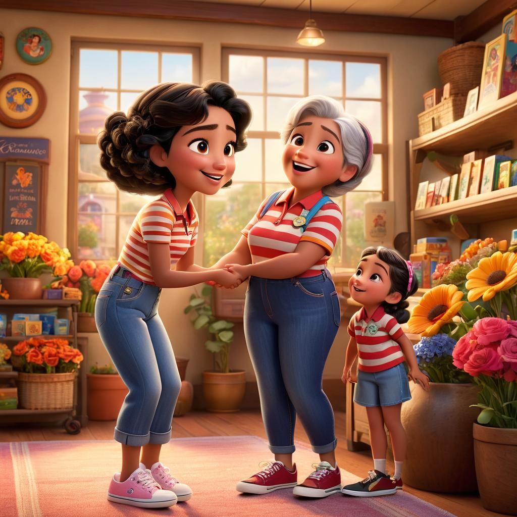  in 3d animated movie style. disney pixar style. fatima, in colorful striped shirt, jeans, sneakers, curious, caring. grandmother in flowery dress, embodying kindness. store employee in uniform, badge, friendly. cozy living room setting, warm, inviting with family photos. high res pixar 3d style, warm tones, soft lights, storytelling conversation angle.