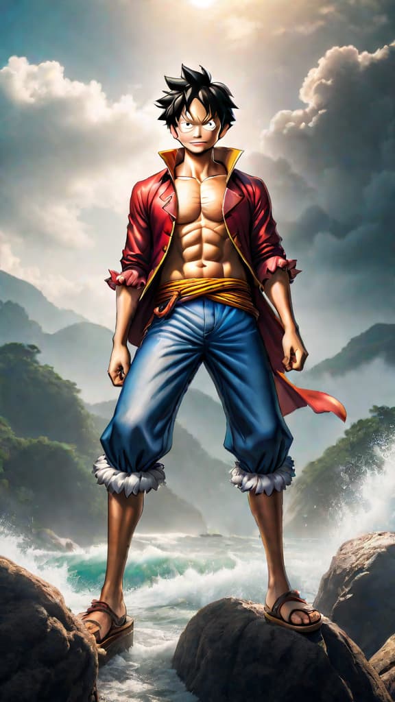  anime art: luffy reveals the hidden secret of the will of d in the climactic battle. hyperrealistic, full body, detailed clothing, highly detailed, cinematic lighting, stunningly beautiful, intricate, sharp focus, f/1. 8, 85mm, (centered image composition), (professionally color graded), ((bright soft diffused light)), volumetric fog, trending on instagram, trending on tumblr, HDR 4K, 8K