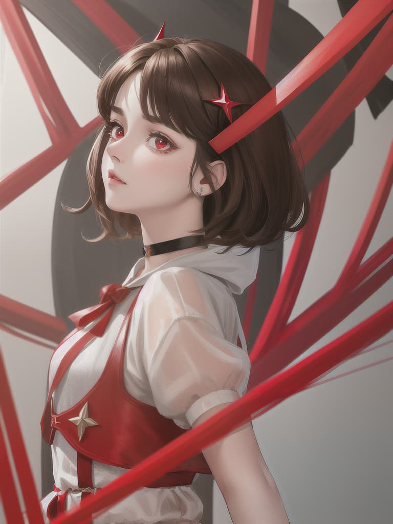  Brown hair, short hair, red eye, neutral, cute, boy, star shaped hairpin, choker, red mesh, tear bag, masterpiece, best quality,8k,ultra detailed,high resolution,an extremely delicate and beautiful,hyper detail