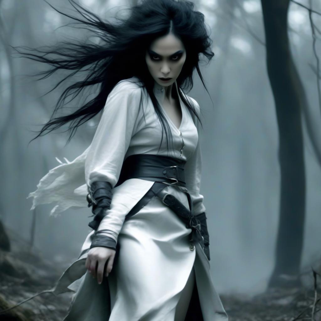  macabre style film actress fei ren in the form of an elf thief fighter with black hair, in full growth in a variety of heavy long white leather skirts with linings. in a dark forest surrounded by smoky ghosts. . dark, gothic, grim, haunting, highly detailed, perfecteyes, perfect hands