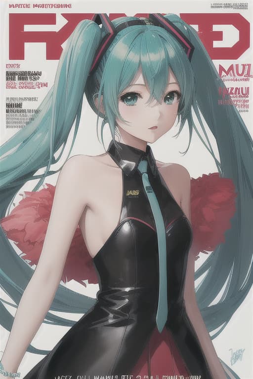  cover,1girl,hatsune miku, masterpiece, best quality,(magazine cover, fashionmagcover, english text, username, watermark, artist name, signature:1.1) hazel green eyes , red haired