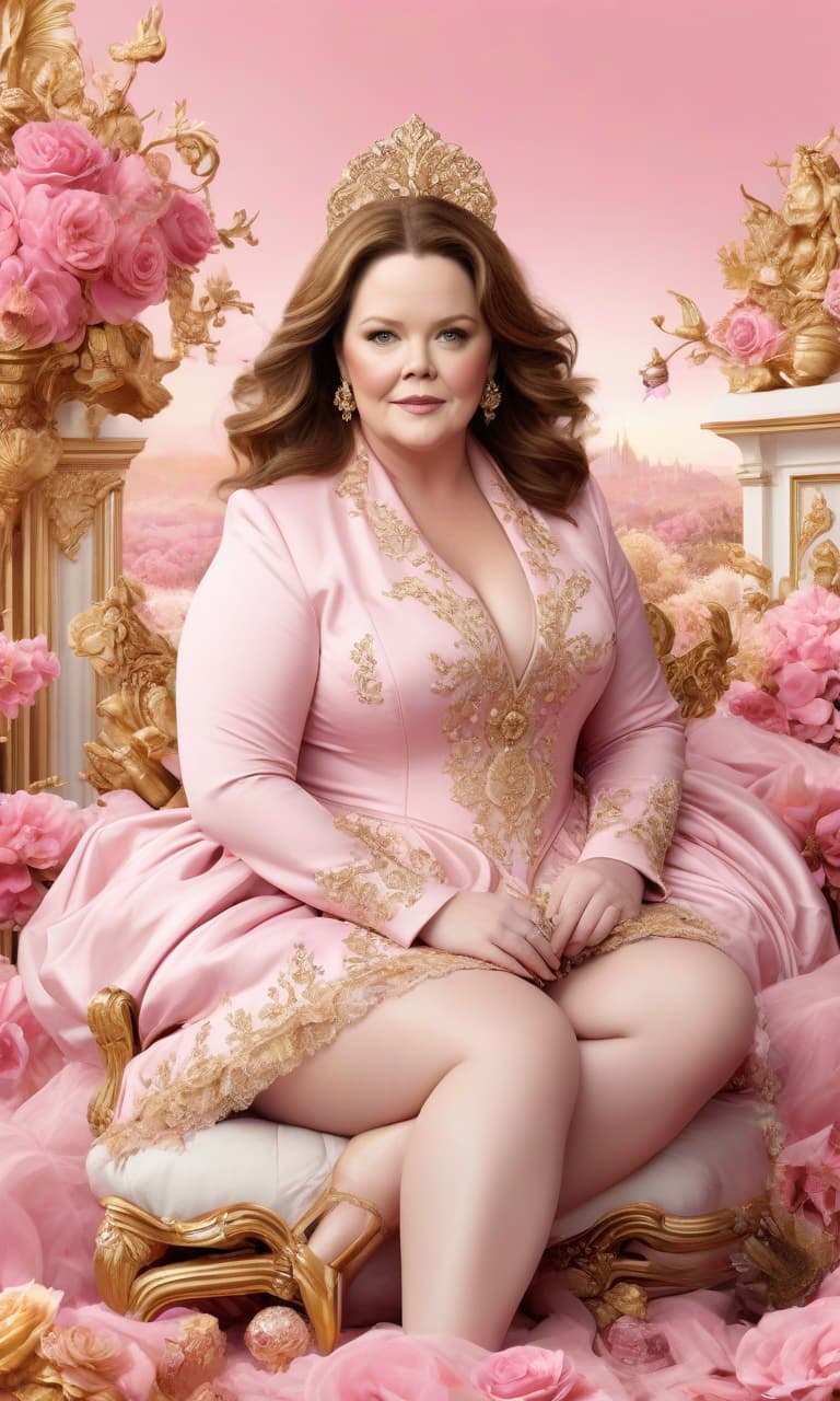  concept art pink, gold, black, white scene melissa mccarthy . digital artwork, illustrative, painterly, matte painting, highly detailed, perfect hands