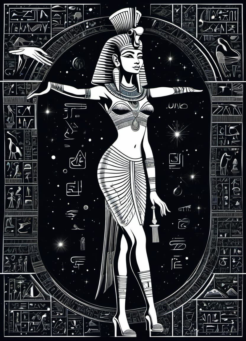  a humorous illustration. bright colors, cartoon style. on the black background, shiny contours outlines of silhouette of a egiptian girl made of egyptian hieroglyphs, (white color egyptian hieroglyphs:1.4), frame with intricate thin ornamentation from comet, stars and cosmic dust: (thin: 1,4) lines,