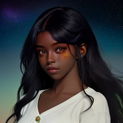  the girl in whose hair the stars got confused. she has dark skin, black hair and green eyes