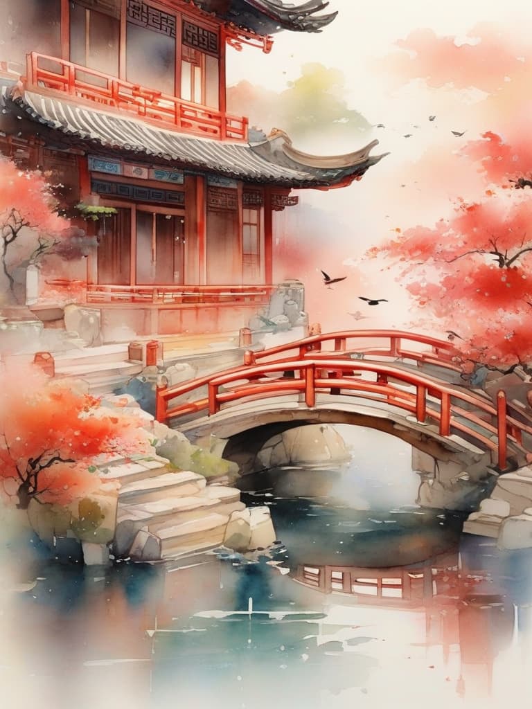  watercolor painting,instaport style, portrait of styles: architecture style, courtyards, trees, red flowers, birds, ponds, rhythm, dreamy tastes, soft colours. artistic style: traditional chinese wind, natural inspiration. source of inspiration: traditional chinese paintings, traditional buildings. camera: midview, wide angle. light: soft natural light, warm color. 4k, detail, chinese architecture, peace, peace, aura, harmony, traditional elements。 [multi color watercolors with a white background], haze, film photography, light ethereal leaks, sharp focus, intricate highly detailed acrylic painting, palette knife and brush strokes, trending on artstation, trending on pixiv fanbox