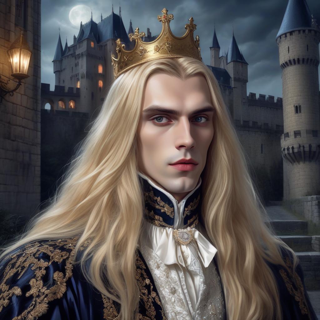  hyperrealistic art young vampire aristocrat with long blonde hair rich clothes and a crown on his head, night, near the castle, aesthetics of beauty and grandeur . extremely high resolution details, photographic, realism pushed to extreme, fine texture, incredibly lifelike